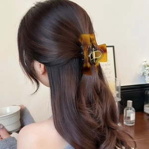 Detail of amber tortoiseshell claw clip securing a half-up hairstyle for women