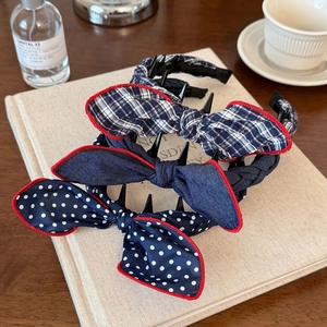 Three-piece bunny ear headbands in polka dot, plaid, and denim with anti-slip combs