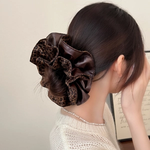 Leopard print and brown leather oversized scrunchie for women's autumn hair styling