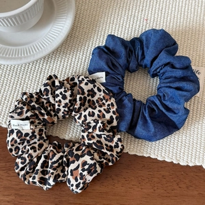 Leopard print and denim blue hair scrunchie set with handmade labels for women