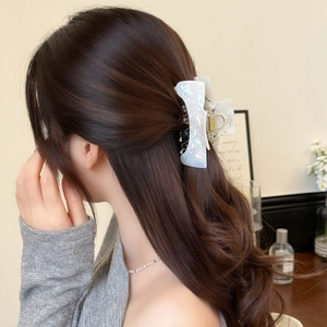 Elegant iridescent white acetate hair claw clip for women's half-up hairstyle styling
