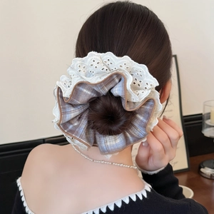Elegant four-layer oversized lace scrunchie with grey-brown plaid and white embroidery