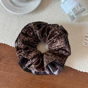 Vintage leopard print and brown leather hair scrunchie accessory for women in high quality