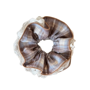 Plaid and lace oversized scrunchie in brown and blue for preppy style hairstyles
