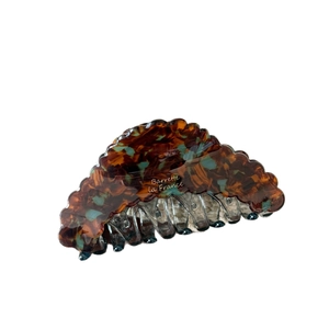 French style tortoise shell hair claw with blue accents and Barrette La France lettering