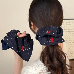 Navy Blue Polka Dot Cherry Embroidered Scrunchie Sweet Girl Fabric Scarf Hair Tie Korean Style Ponytail Hair Accessories