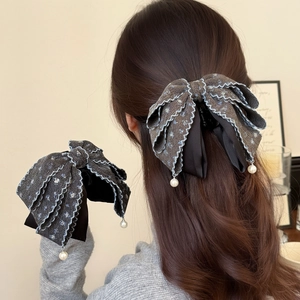 Sweet Cloth Bowknot Hair Clips For Women With Faux Artificial Pearl Denim Texture Large Claw Clip Star Pattern Vintage Hair Accessories
