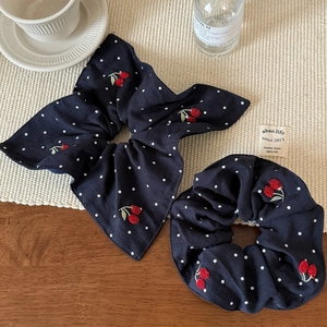 Polka dot hair scrunchie set with cherry embroidery in navy blue and white