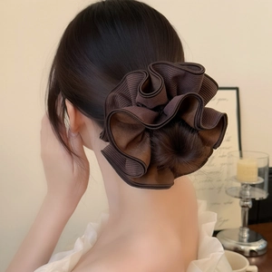 Coffee brown oversized four-layer pleated scrunchie with fine white stripes for buns