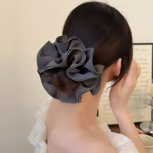 Large grey striped ruffle scrunchie for women with elegant four-layer petal-shaped design