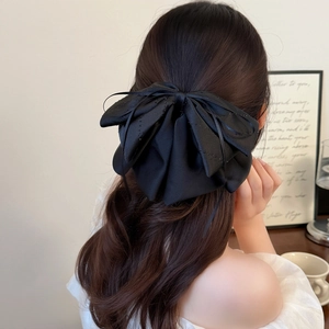 Elegant Black Satin Large Bow Hair Clip For Women Handmade Rhinestone Ribbon Ponytail Clip Exquisite Hair Accessories