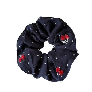 Navy blue polka dot scrunchie with red cherry embroidery for sweet girls' hairstyles