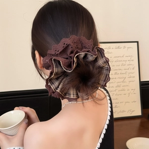 Elegant autumn dark lace plaid scrunchie for vintage French style ponytail and bun hair styles