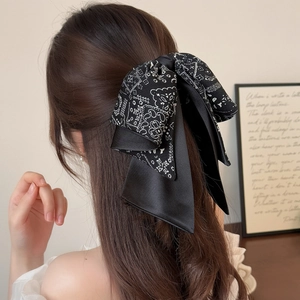 French style black and white paisley bow hair claw clip with long elegant ribbons