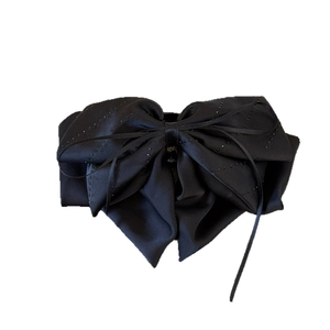 Elegant black satin bow hair clip with sparkling rhinestones for thick hair