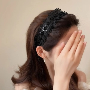 Black Lace Sequin Headband Vintage Elegant High Top Non-slip Hair Band For Women Party Wedding Daily Hair Accessories