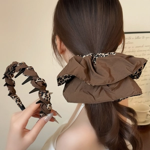 Leopard Print Satin Scrunchie Brown Pleated Headband With Teeth Vintage Hair Ties Fashion Hair Accessories For Women Hairband