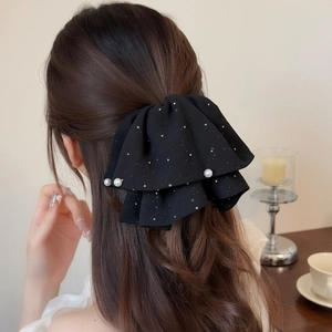 Pince à Cheveux Nœud en Tissu Noir Élégant Imitation Künstliche Perle Pince à Queue de Cheval Style Français Accessoires de Cheveux