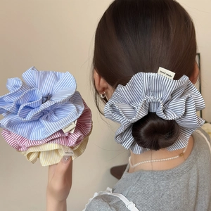 Striped Fabric Hair Scrunchies Fresh Double Layer Ruffle Ponytail Holder Handmade Label Sweet Hair Ties For Women Hair Accessories