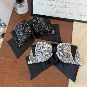 French style black and white paisley bow hair clips with long satin ribbons