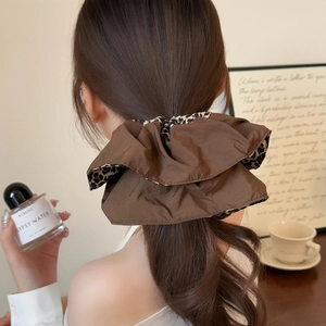 Elegant large pleated leopard print scrunchie with silk gloss for hair styling