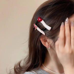 Sweet red bow and heart polka dot hair clips for women with elegant white base design