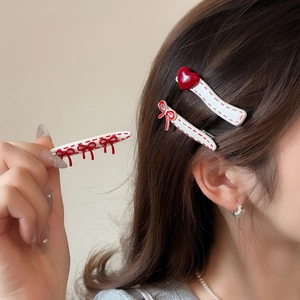 Korean Style Sweet Red White Bow Heart Hair Clips For Women Alloy Enamel Duckbill Clips Daily Hair Styling Accessories