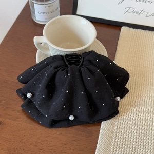Grande pince à cheveux élégante en forme de nœud noir avec perles et paillettes argent