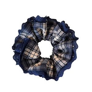 Dark blue lace plaid scrunchie with a vintage checkered pattern for autumn hairstyles