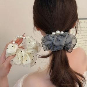 Retro Polka Dot Organza Scrunchies For Women Elegant Artificial Pearl Mesh Hair Ties Elastic Ponytail Holder Hair Accessories