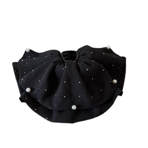 Pince à cheveux nœud noir scintillant avec perles et paillettes pour queue de cheval