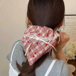 Scrunchie Coreano a Quadri Stampa Cuore In Tessuto Con Fiocco In Pizzo Bianco Elastico Per Capelli Dolce Per Donna Ragazze Accessori