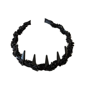 Gothic black headband with woven beads, sequins, and dark punk spikes on top
