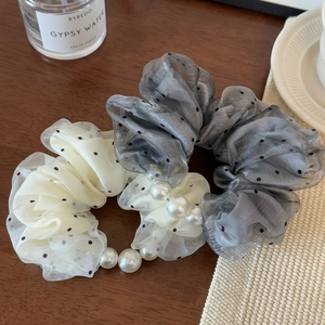 Polka dot mesh scrunchies with white pearls in cream and blue tones for summer