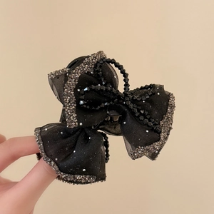 Elegant Black Mesh Bow Hair Claw Clip With Rhinestones And Beads Vintage Style Hair Accessories For Women Daily Party Use
