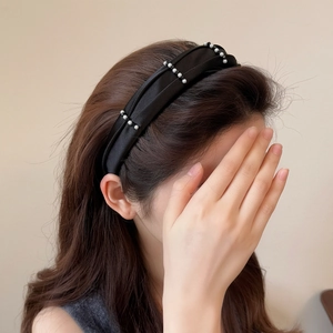 Serre-tête Large en Satin Noir Vintage Élégant Avec Accents de Künstliche Perles et de Billes Style Français pour Femme