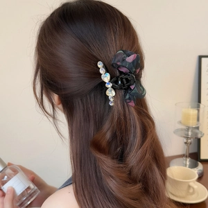Elegante pinza per capelli con fiocco in chiffon nero e strass scintillanti per donna