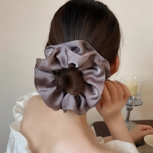 Elegant champagne purple satin silk scrunchie with double-layer edges for women hair styling