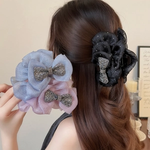 Elegant Mesh Bow Hair Clip Large Rhinestone Hair Claw For Women French Korean Ribbon Hair Accessories Hair Grip Jewelry