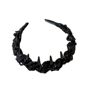 Handmade Gothic black mesh headband with beaded spikes and anti-slip teeth for women