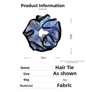 Detail of blue striped scrunchie showing 18cm diameter size and black overlock edges