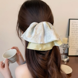 French Vintage Double Layer Fabric Bow Hair Claw Clip Yellow Tie Dye Ruffle Ponytail Clip With Faux Artificial Pearls For Women Jewelry