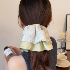 Elegant yellow tie-dye fabric hair claw clip with pearls for French retro ponytail styling