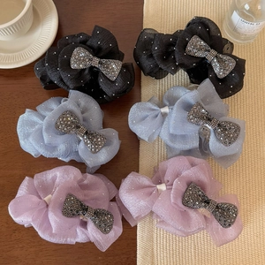 Elegant mesh bow hair claws with rhinestone center in black, blue and purple colors