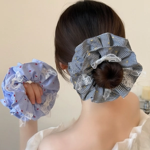 Scrunchies à Carreaux avec Nœud en Dentelle Style Coréen Grands Élastiques Cheveux en Tissu Bandeau Cheveux Vintage pour Femme Accessoires Cheveux