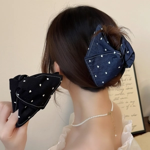 Denim Fabric Heart Print Triangle Hair Clip Sweet Bow Shark Clip Korean Style Cloth Hair Claw For Women Daily Styling