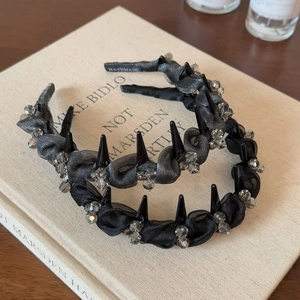 Handmade black mesh headband featuring sparkling rhinestones and delicate beads for women