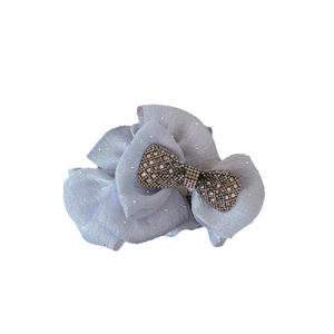 Light blue mesh bow hair claw clip with rhinestones and silver glitter details
