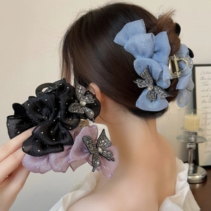 Pince à Cheveux Élégante en Maille avec Nœud Papillon et Décoration de Papillon en Strass Grande Pince pour Accessoires Coiffure Femme