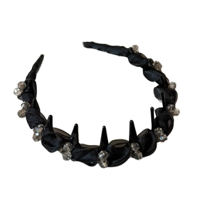 Elegant black mesh twist headband with grey crystal beads and non-slip inner teeth